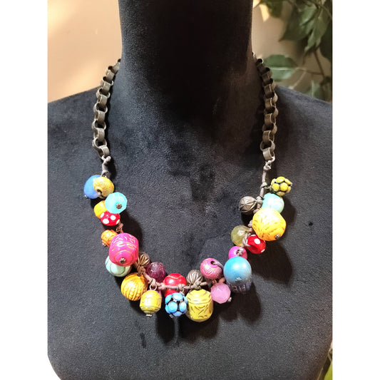 Women's Multicolor Beaded Statement Necklace Chunky Lobster Clasp Jewelry