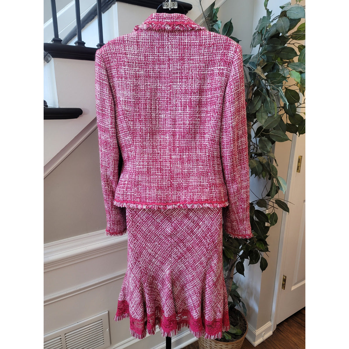I.C.E. Skirt Suit Set Women's SZ 10 Pink Long Sleeve Blazer Front Pocket Lined