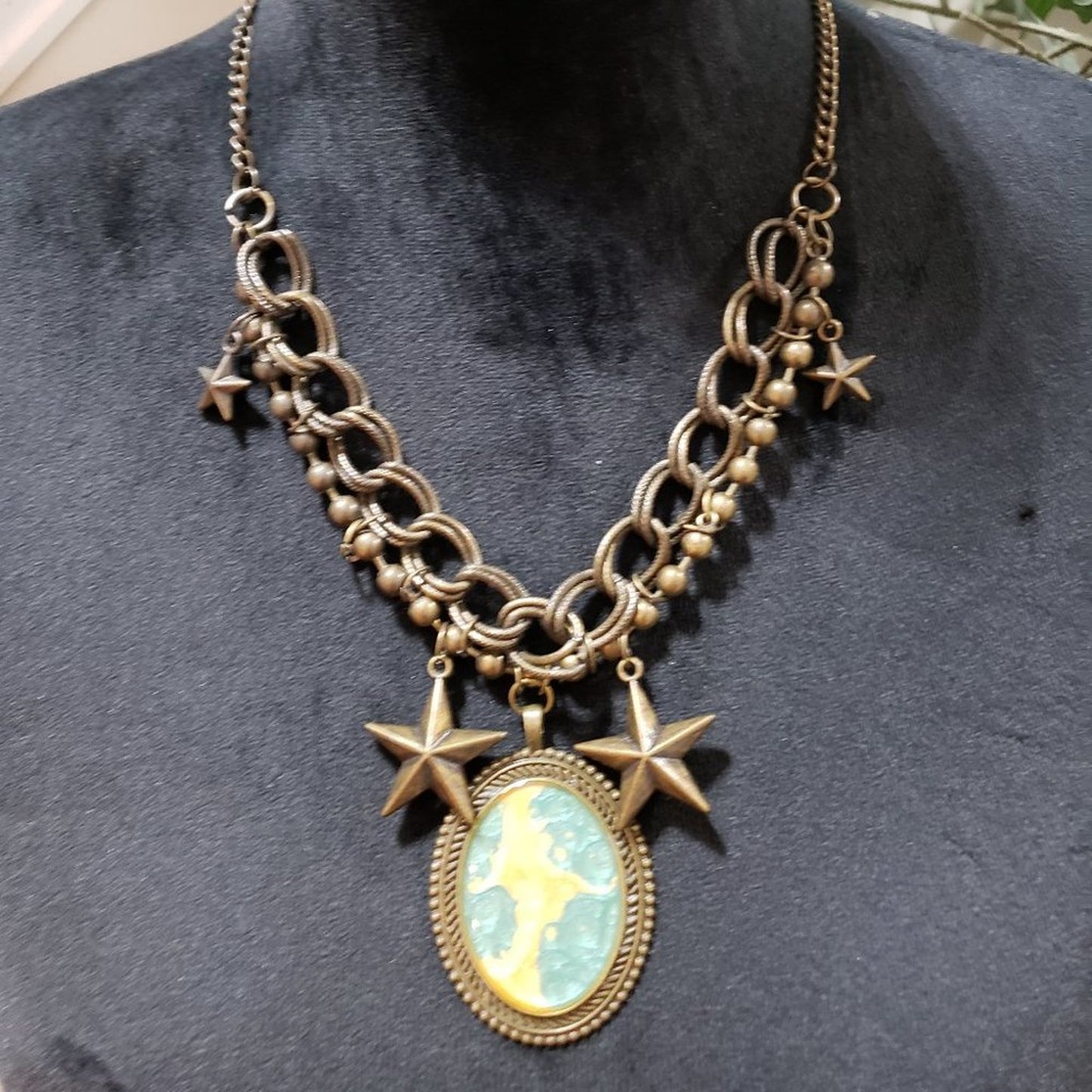 Women Bronze Moon Stars Rhinestones Oval Locket Collar Necklace w/ Lobster Clasp