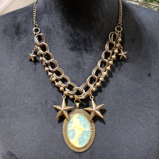 Women Bronze Moon Stars Rhinestones Oval Locket Collar Necklace w/ Lobster Clasp