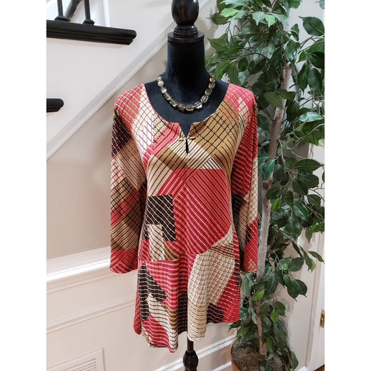 Rafaella Women's Multicolor Polyester Casual V-Neck Long Sleeve Top Blouse L/G