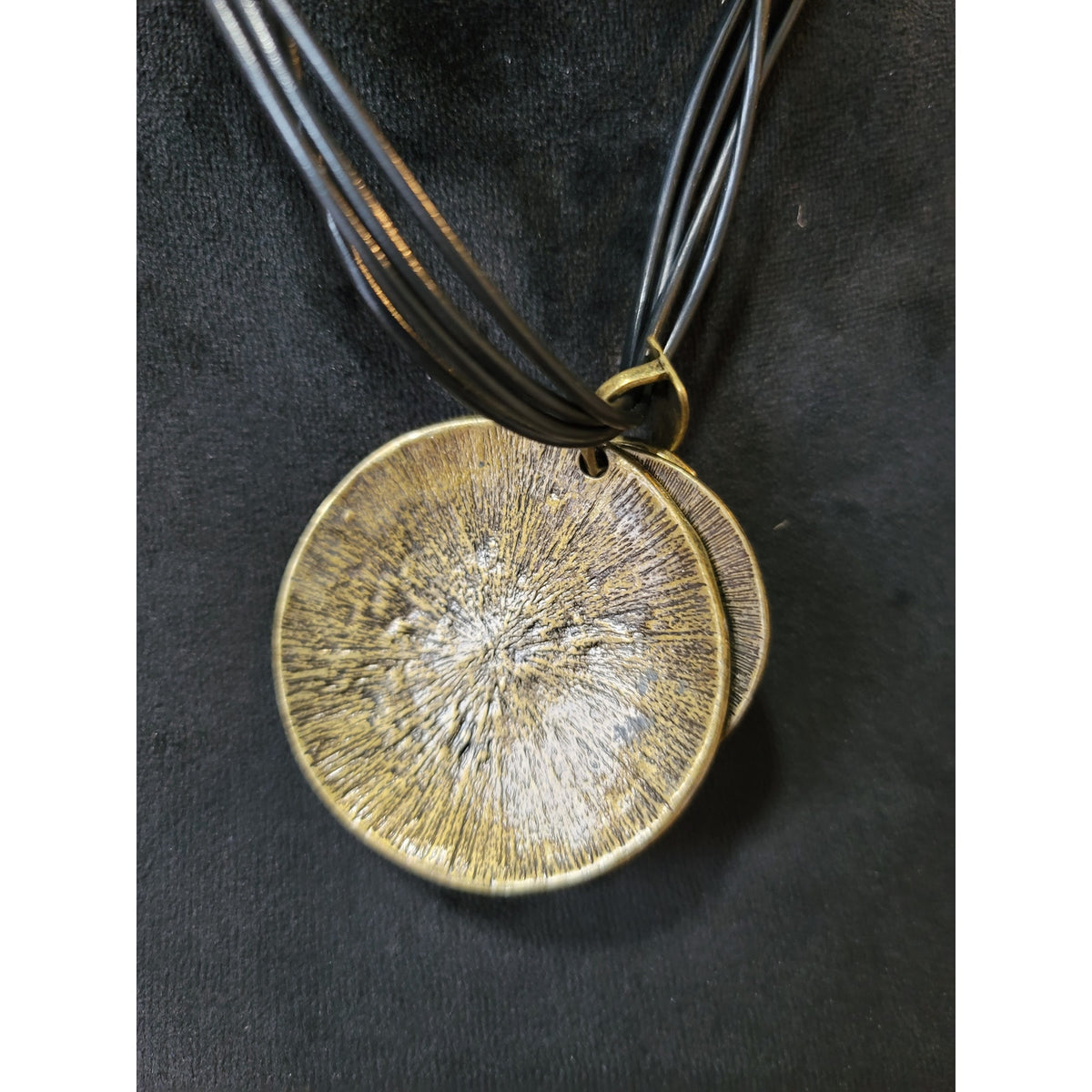 Women's Spiral Pendant Necklace with Bronze Disc and Black Leather Cord