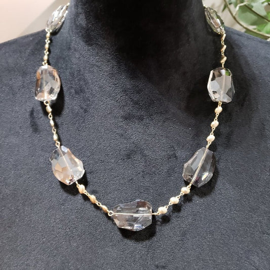 Women Fashion Clear Faceted Round Glass Beaded Collar Necklace w/ Lobster Clasp
