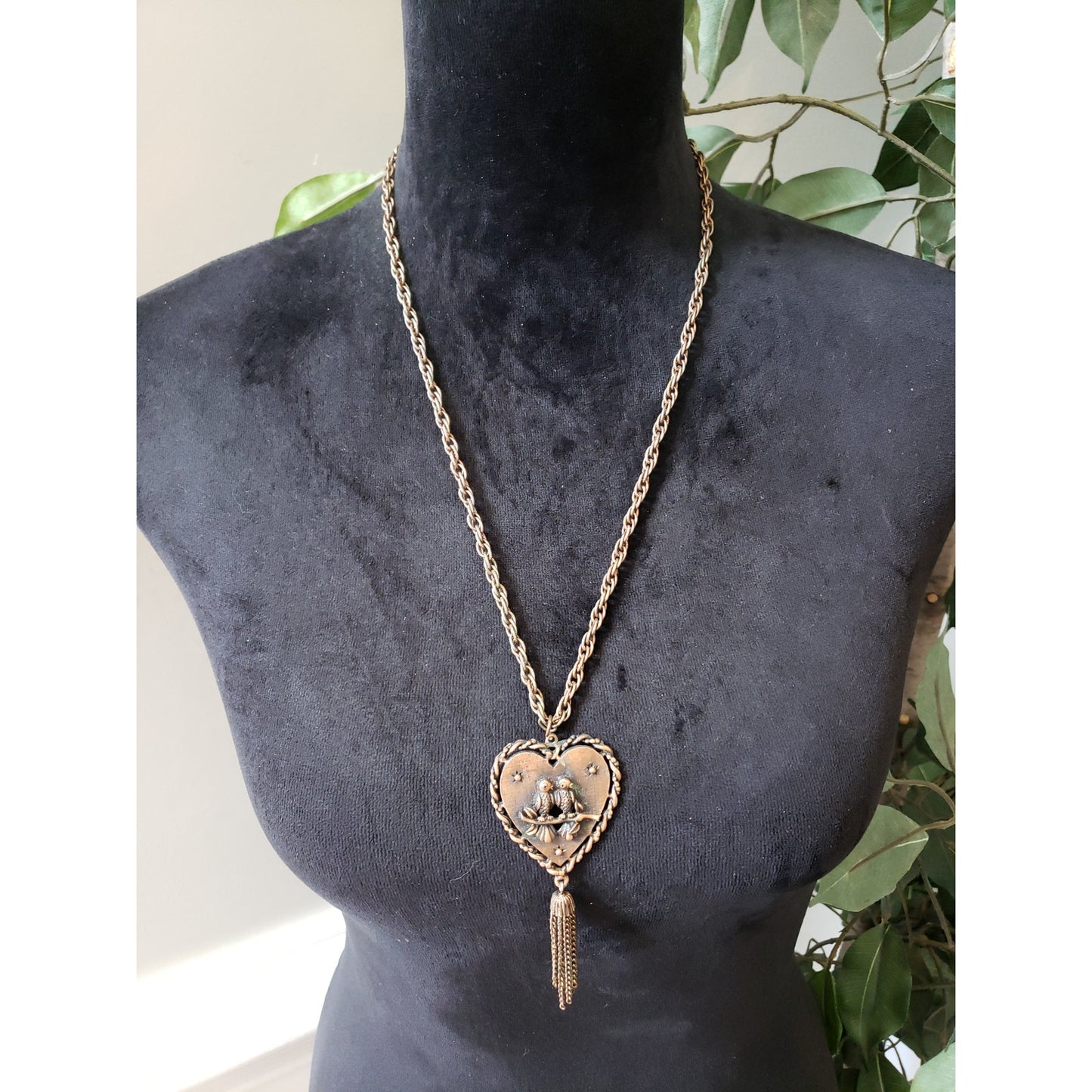 Womens Brushed Copper Heart Textured Love Birds Chains Tassel Pendant Necklace