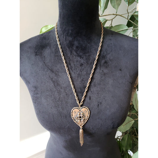 Womens Brushed Copper Heart Textured Love Birds Chains Tassel Pendant Necklace