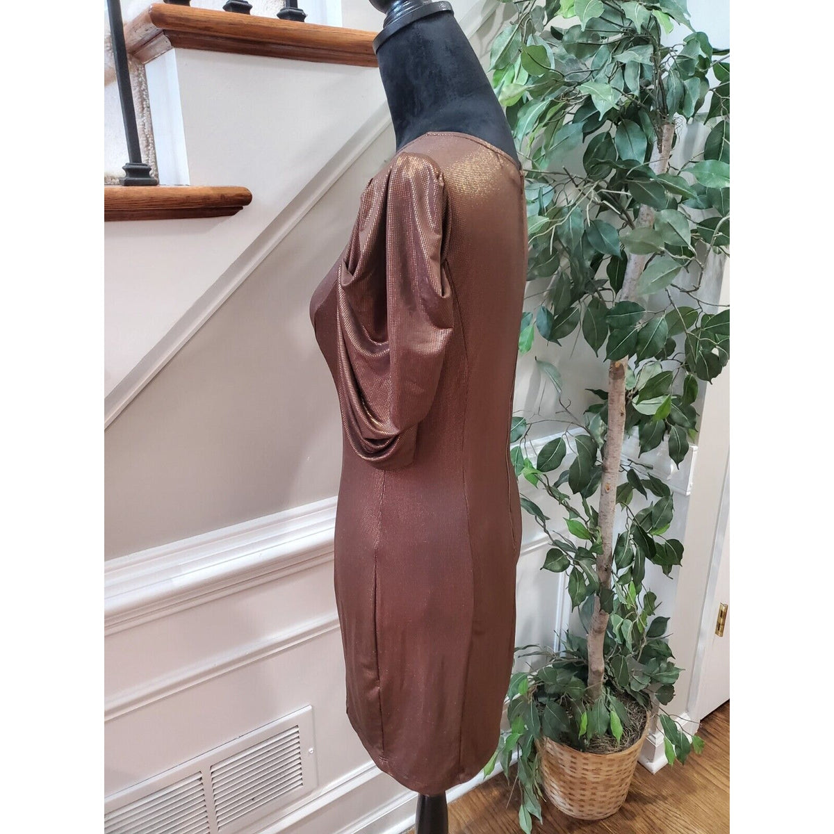 Forever 21 Women's Brown Polyester Round Neck Short Sleeve Knee Length Dress L