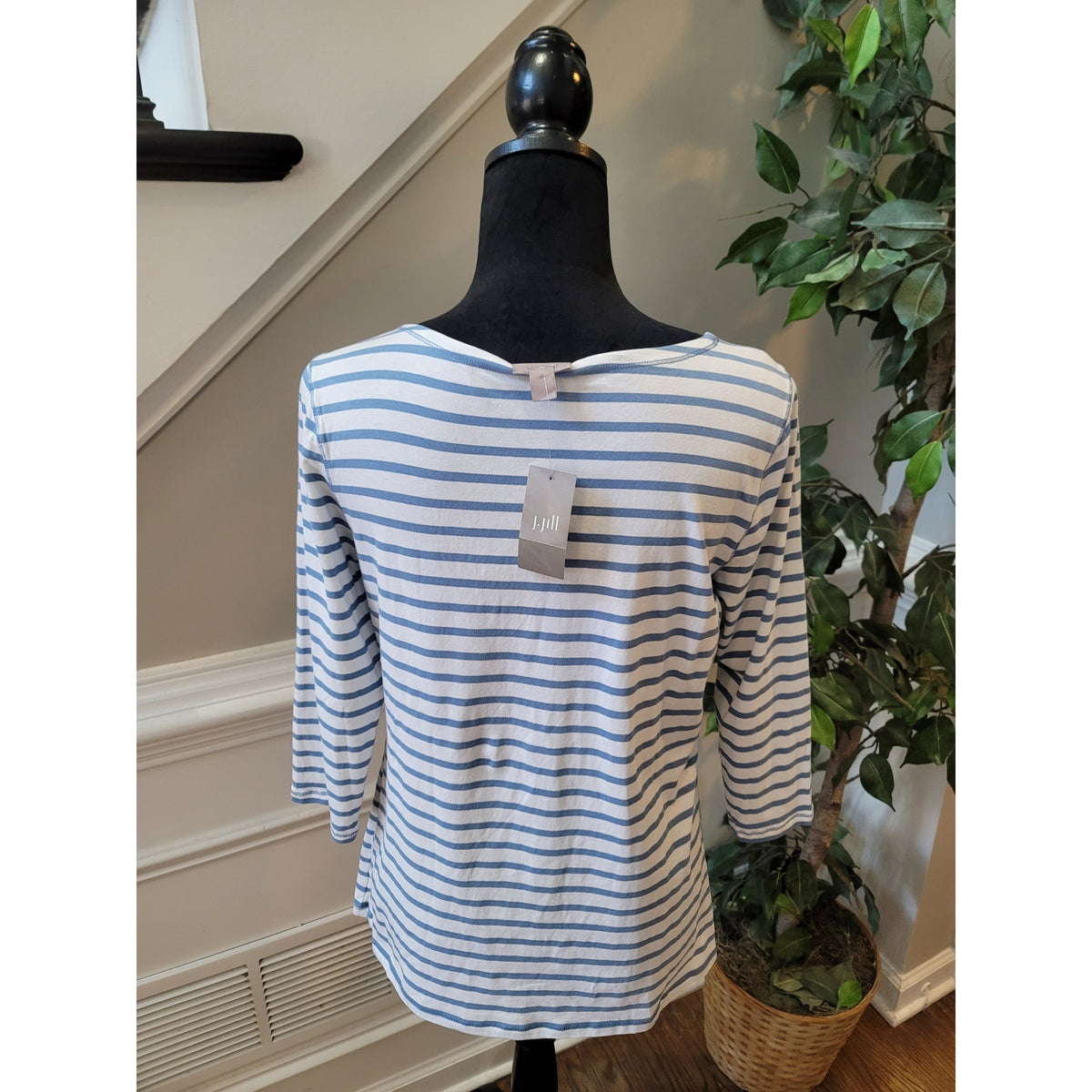 J. Jill Tunic Blouse MP White Blue Cotton Stretch Striped Scoop Neck 3/4 Sleeve