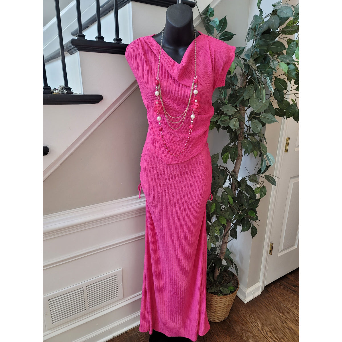 Two-Piece Dress Women's SZ XL Pink Ruched Cowl Neck Cap Sleeve Drawstring Tie