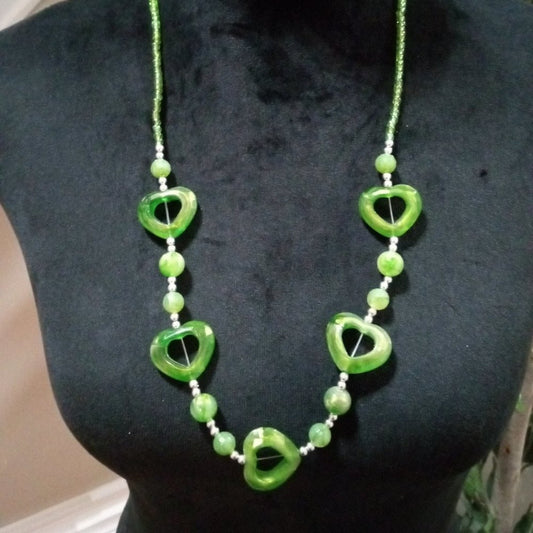 Womens Fashion Green Color Chunky Beaded Acrylic Heart Charm Long Necklace