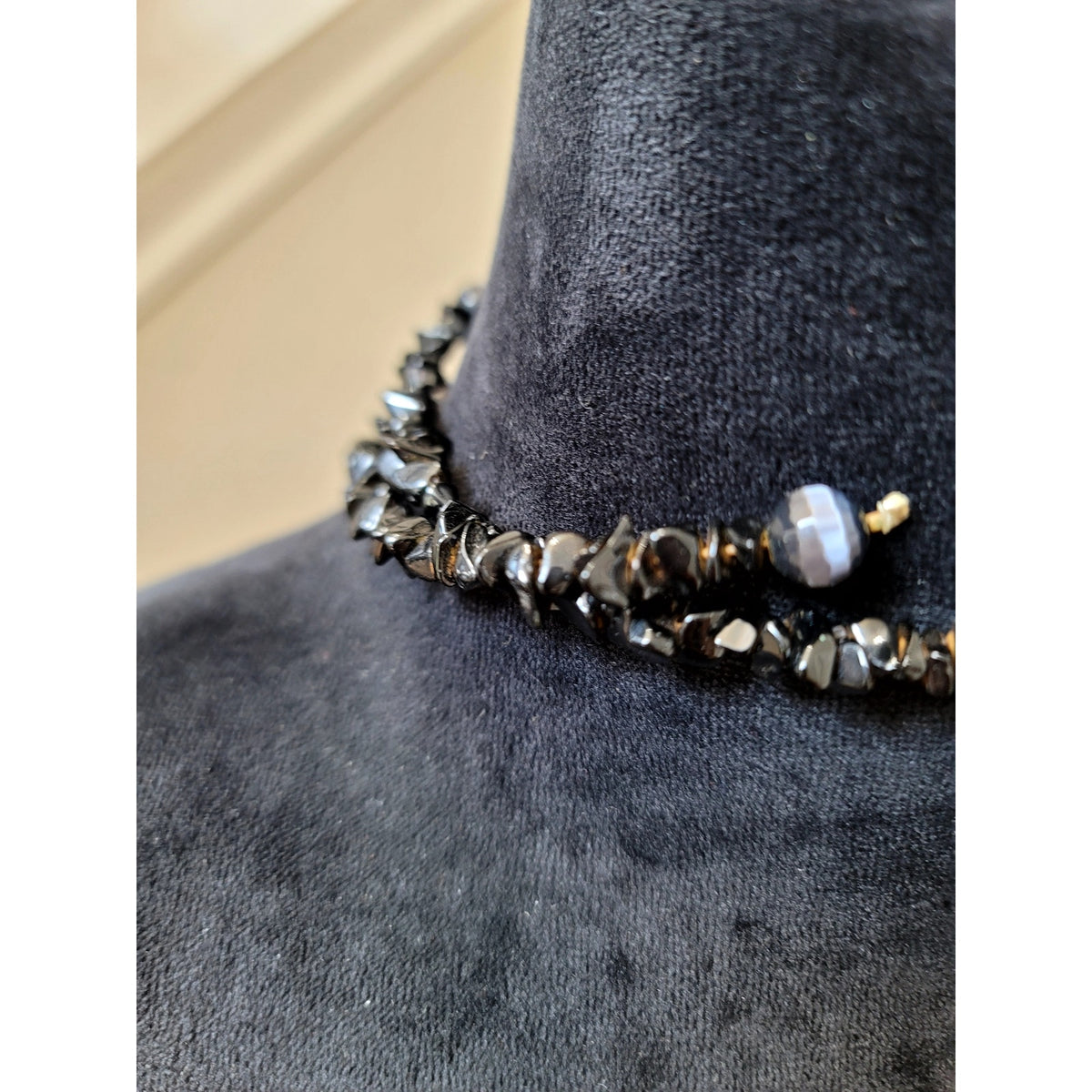 Black Stone Beaded Choker Necklace with Crystal Tassel Fringe Gothic Boho