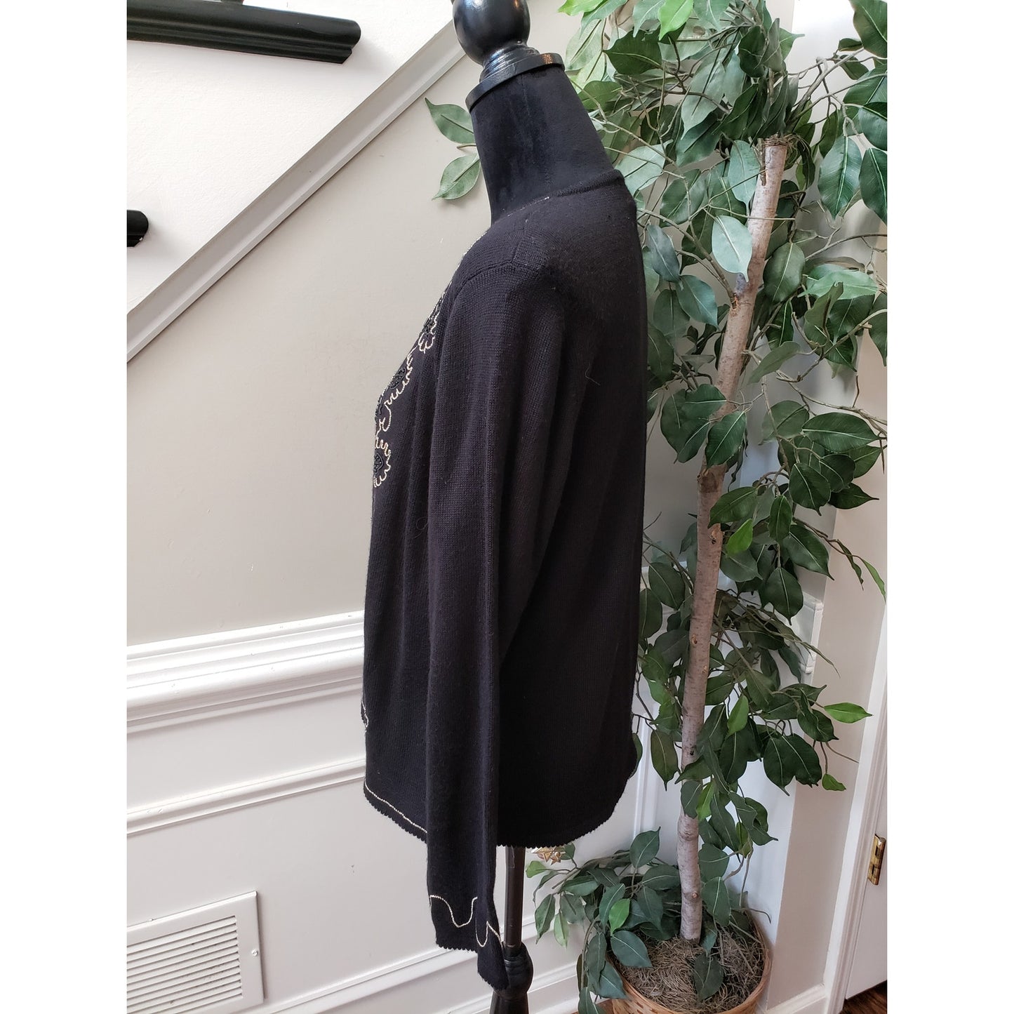 Alfred Dunner Cardigan Sweater Womens Petite M Black Layered Embroidered Beaded