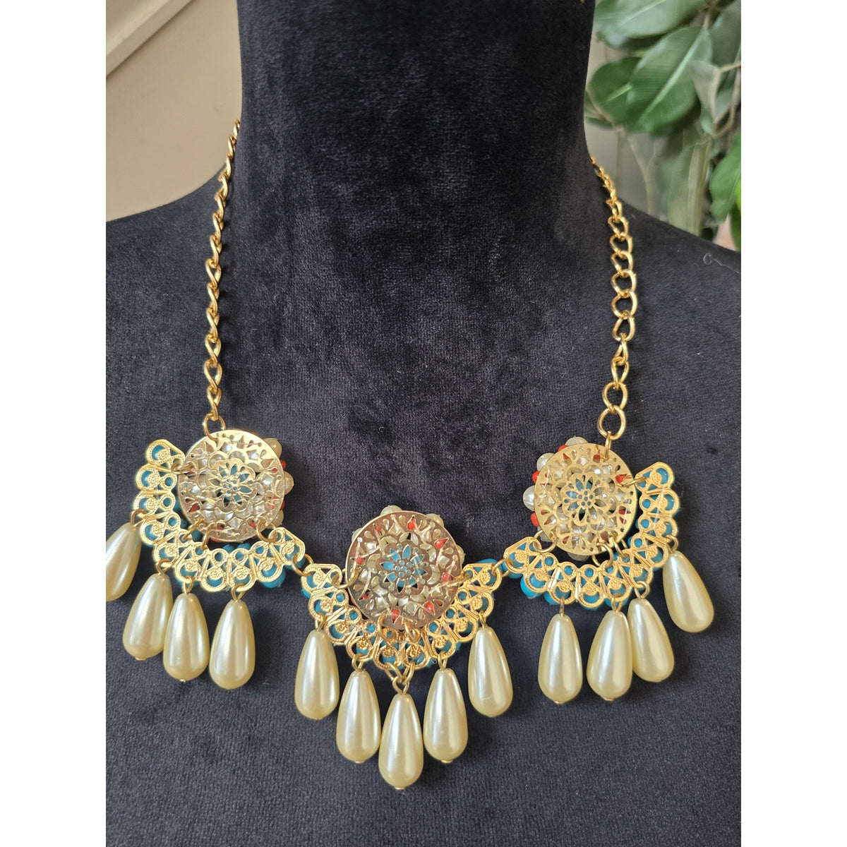 Turquoise Ivory Floral Bib Statement Necklace