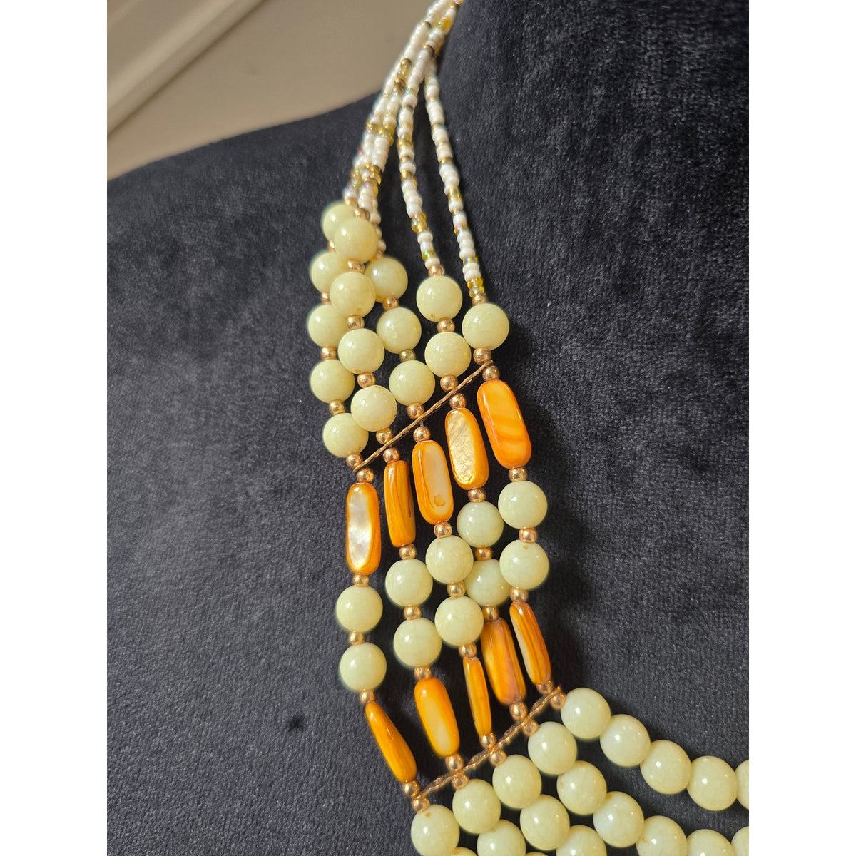 Cream Ivory Orange Multistrand Beaded Layered Boho Tribal Necklace