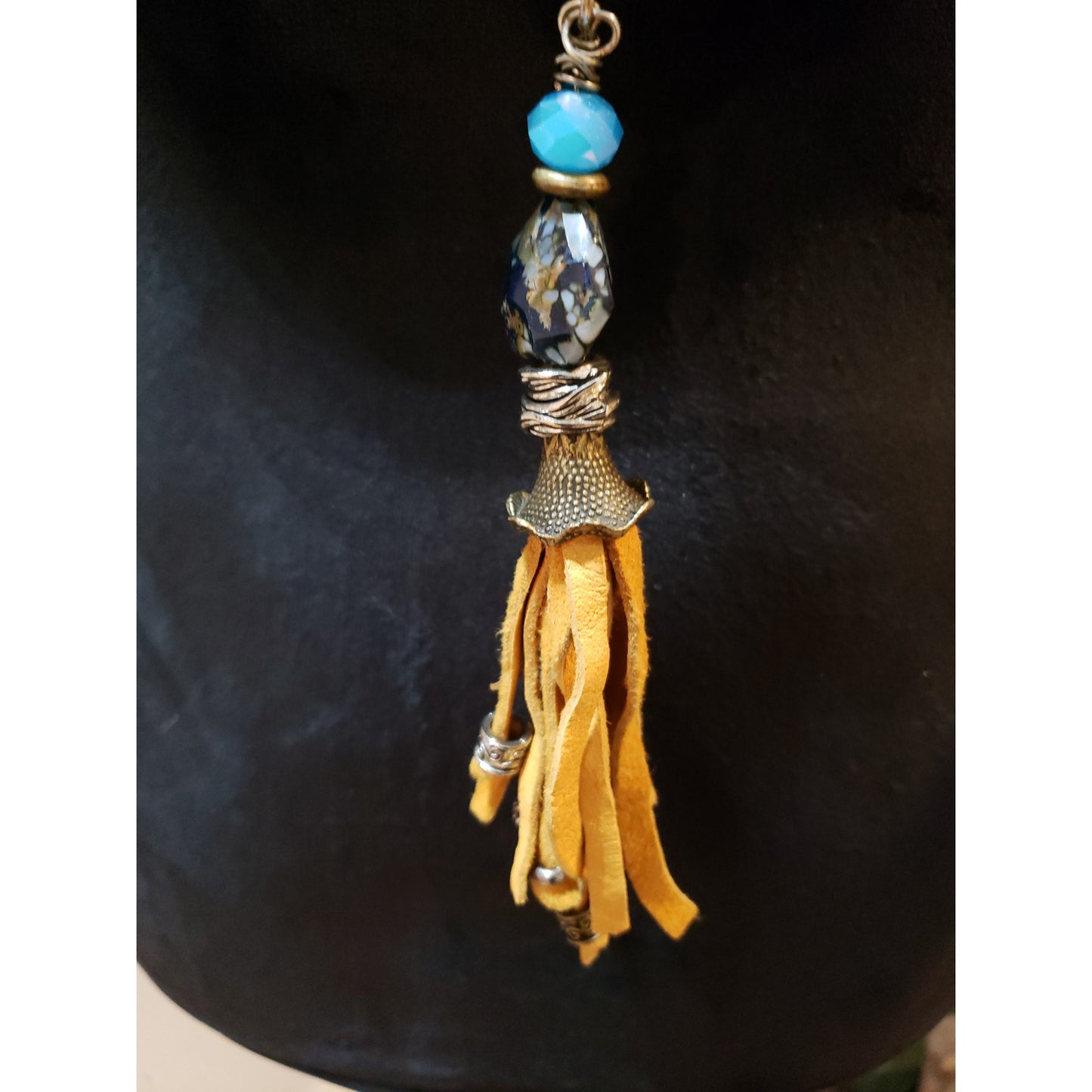 Women Boho 2 Strand Round Turquoise Beaded Heart Pendant Tassel Necklace Jewelry