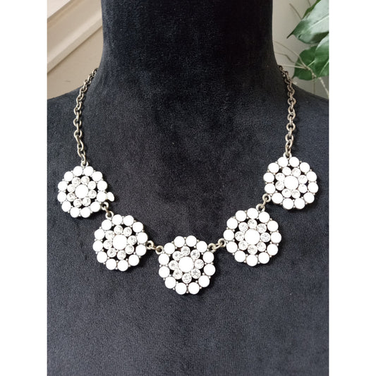 Sweet Lola White Rhinestone Cluster Statement Necklace Silver Tone Floral Bib