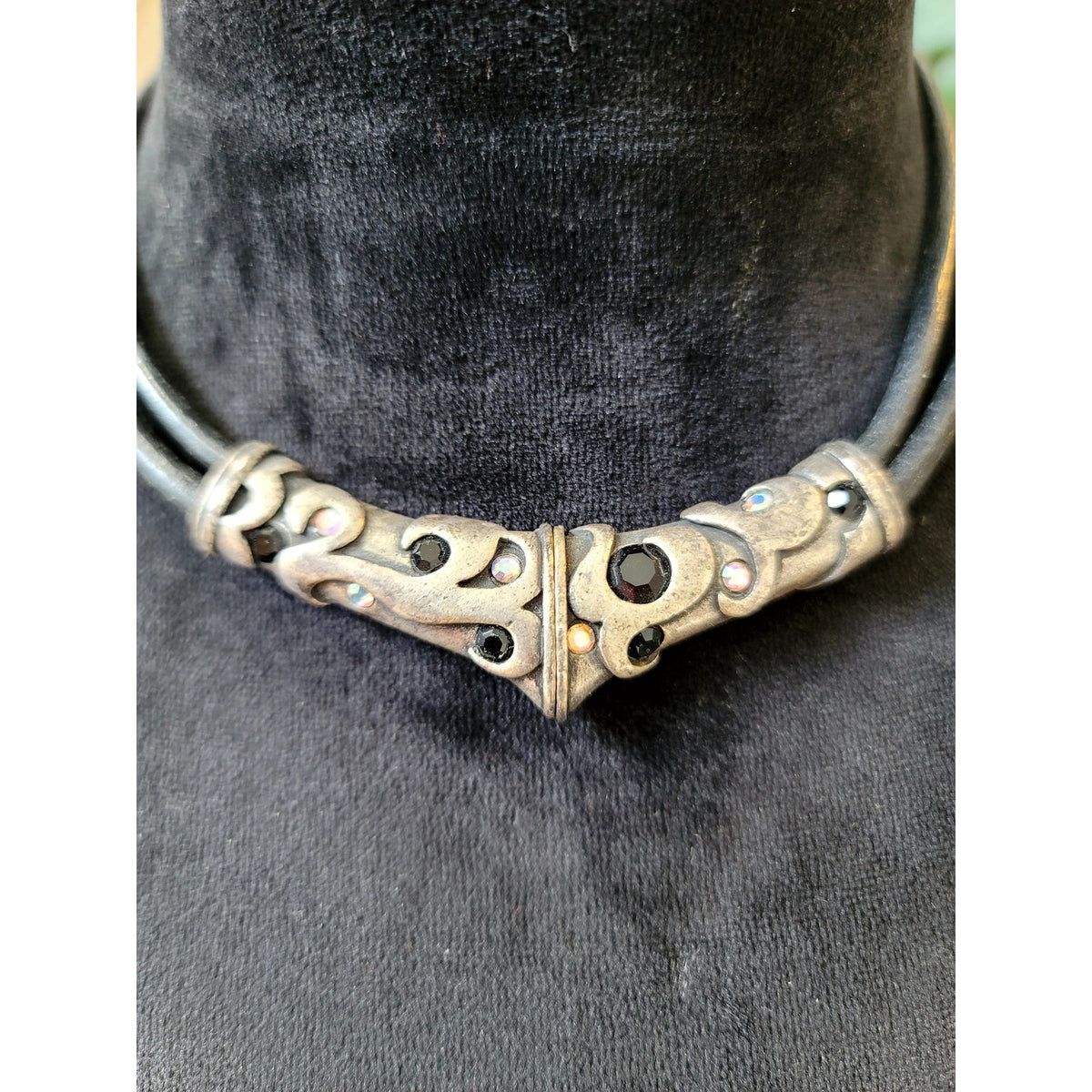 Black Leather Cord Choker Necklace with Antique Silver Tribal Slide Boho Gothic