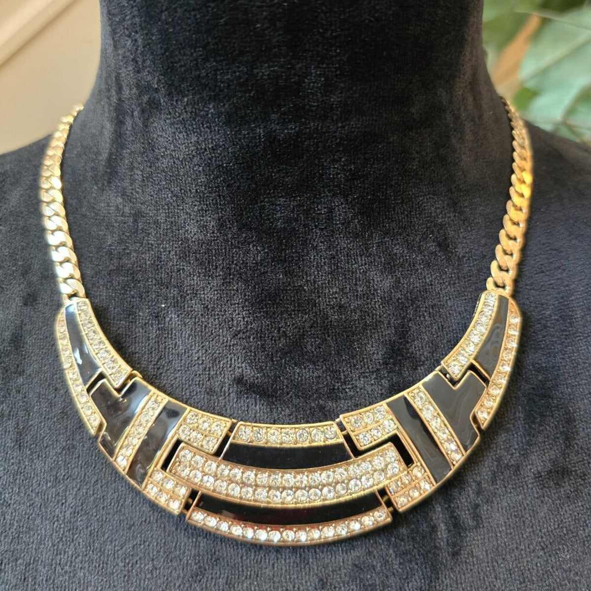 Womens Black Enamel Clear Rhinestones Statement Collar Necklace w/ Lobster Clasp