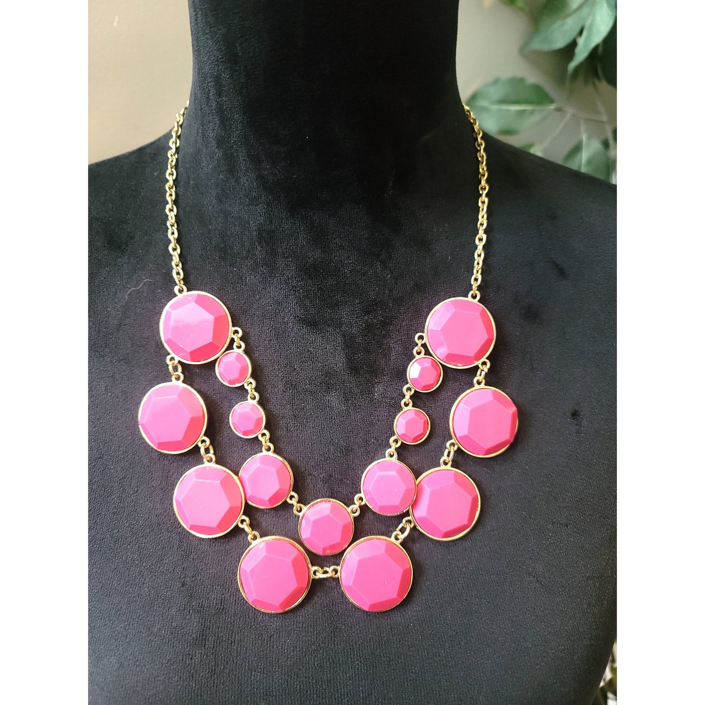 Women's Pink Statement Necklace Gold Chain Faceted Beads Lobster Clasp Bold Gift