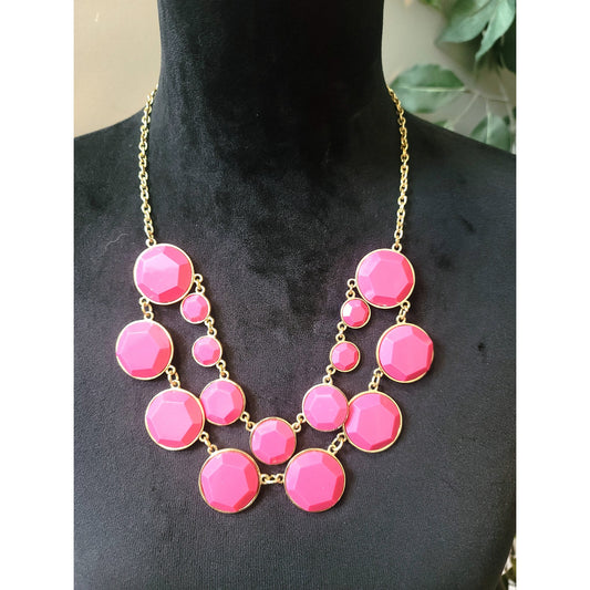 Women's Pink Statement Necklace Gold Chain Faceted Beads Lobster Clasp Bold Gift