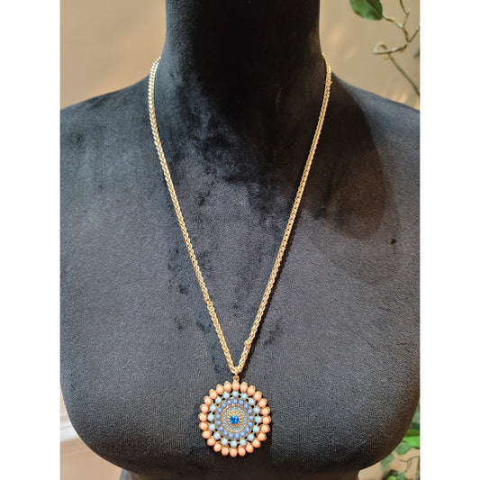 Women's Pastel Colored Mandala Fashion Pendant Necklace with Gold Chain