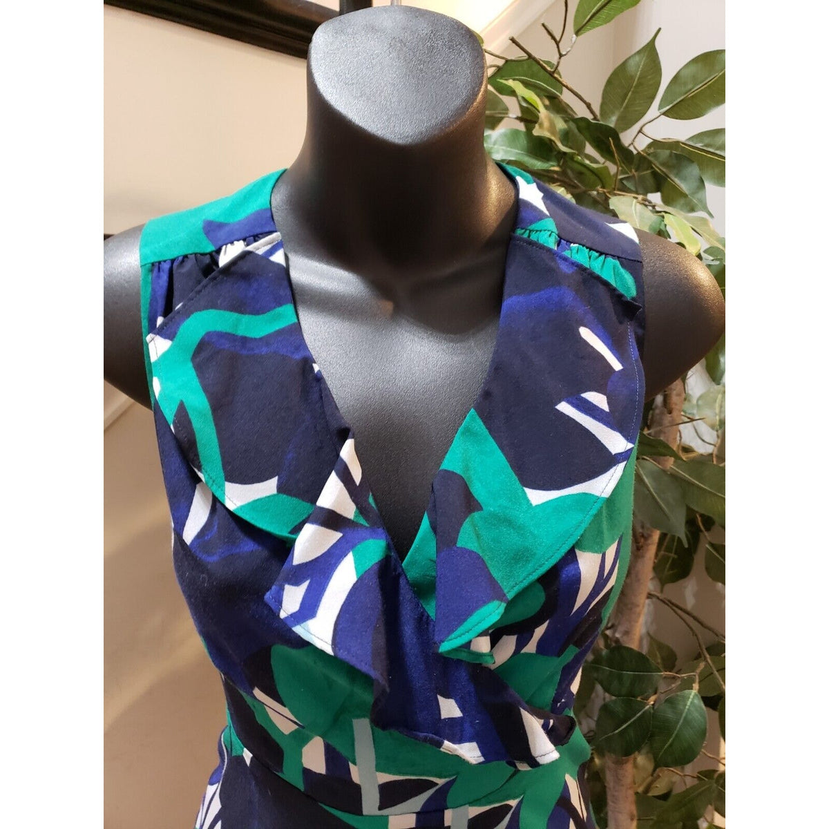 Ann Taylor Womens Blue & Green Polyester V-Neck Sleeveless Knee Length Dress 00P