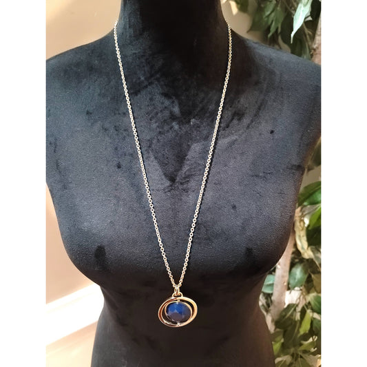 Women Blue Faceted Stone Pendant Necklace Gold Tone Chain Lobster Clasp Jewelry