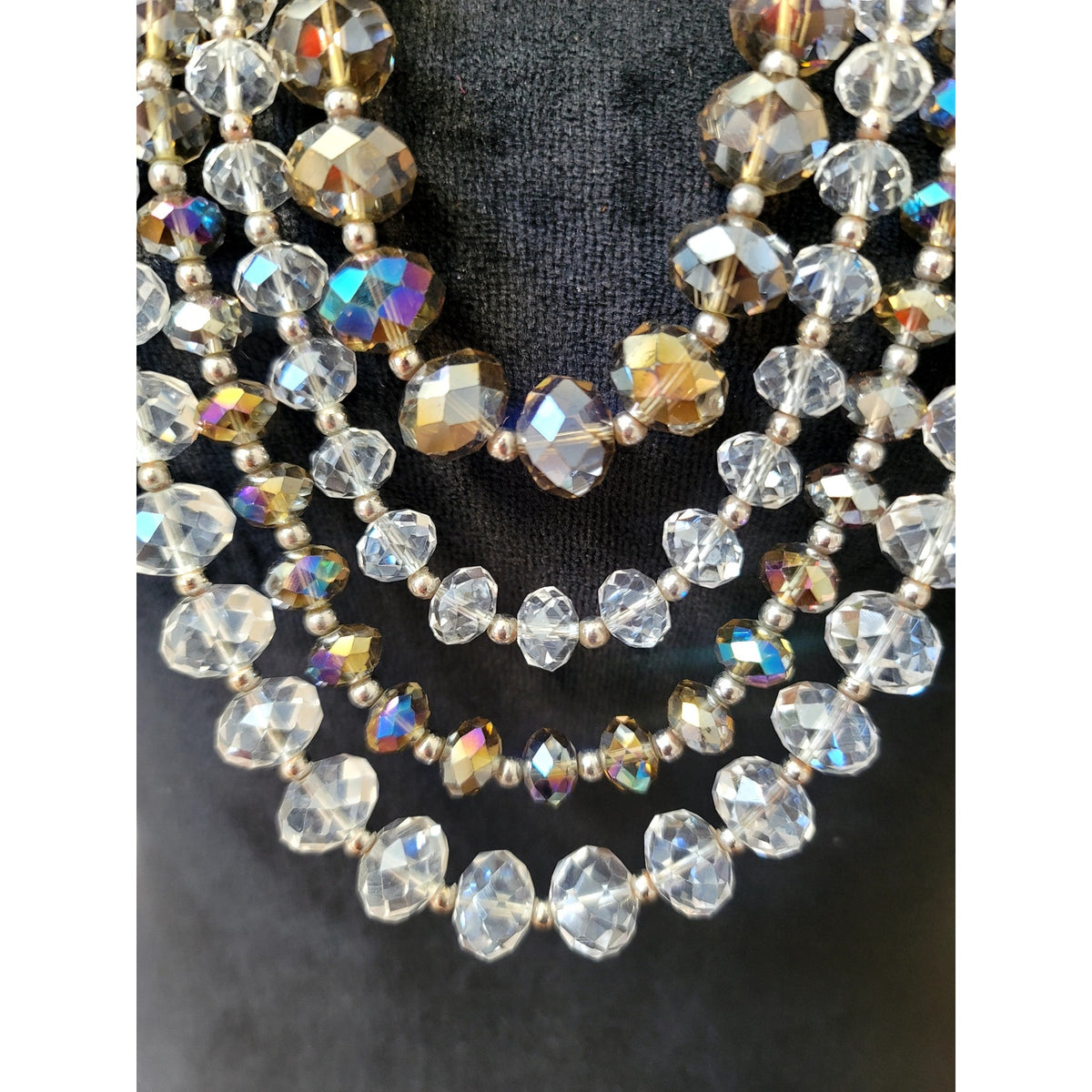 Clear AB Crystal Multi-Strand Statement Necklace Aurora Borealis Layered Bib