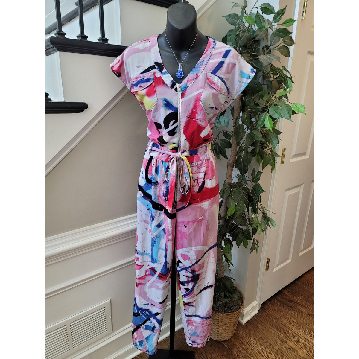 New York & Company Abstract Print Jumpsuit Women's Size Small Multicolor