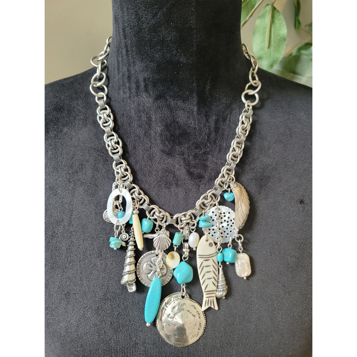 Chico's Women's Silver Tone Charm Necklace With Toggle Lock Fish Shell Beads