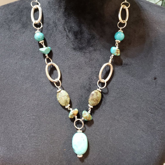 Womens Fashion Turquoise Howlite Stone Circle Link Necklace w/ Spring Ring