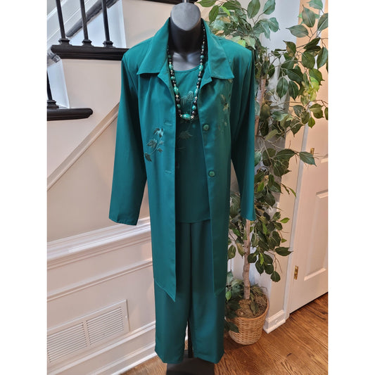 Maggie Sweet 3 Piece Suit Women's Medium Green Floral Long Sleeve Straight Leg
