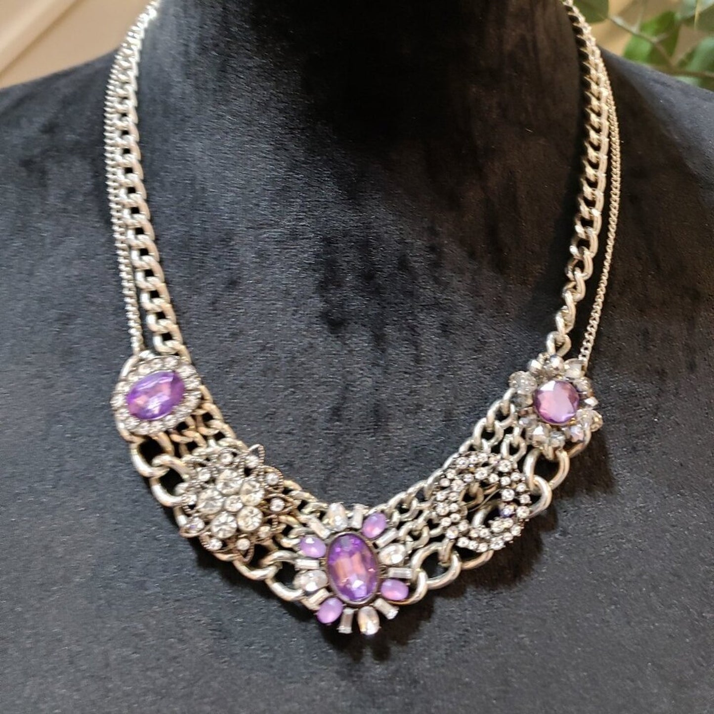Womens Silver Amethyst & Rhinestone Double Chain Collar Necklace Lobster Clasp