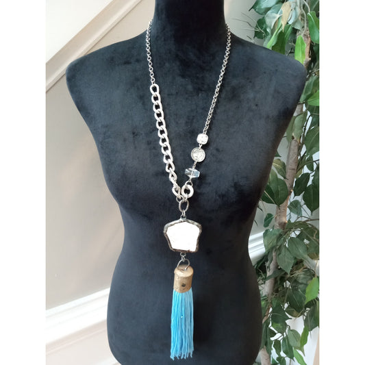 Vintage Silver Tone Blue Tassel Pendant Necklace Long Boho Statement Necklace