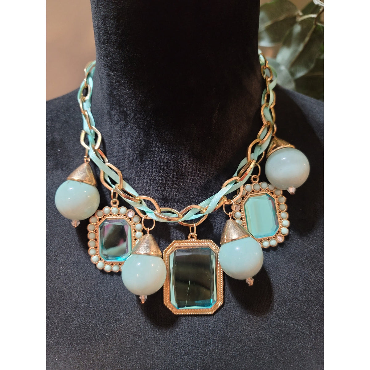 Women's Statement Chunky Bib Necklace With Blue Beads And Rectangular Gemstones