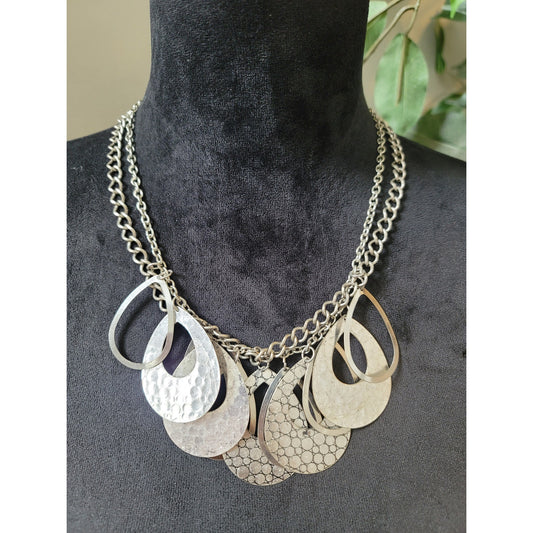 Womens Statement Bib Necklace Silver Tone Layered Teardrop Pendant Lobster Clasp