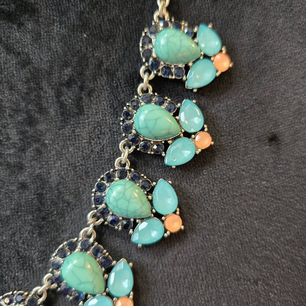 Womens Silver Tone Green Blue Teardrop Aqua Gem Rhinestone Necklace with Lobster