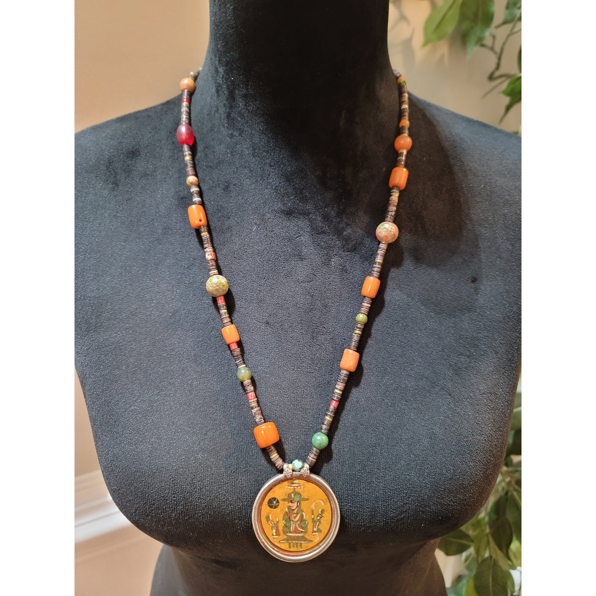Women's Vintage Indian Boho Beaded Pendant Necklace With Hand Painted Art