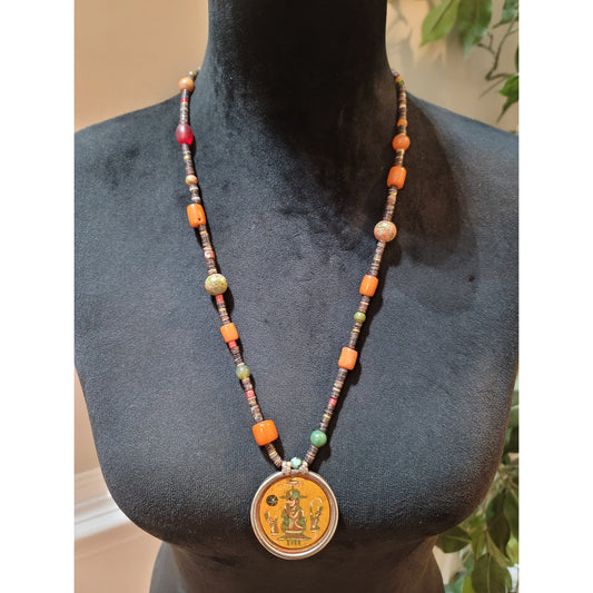 Women's Vintage Indian Boho Beaded Pendant Necklace With Hand Painted Art