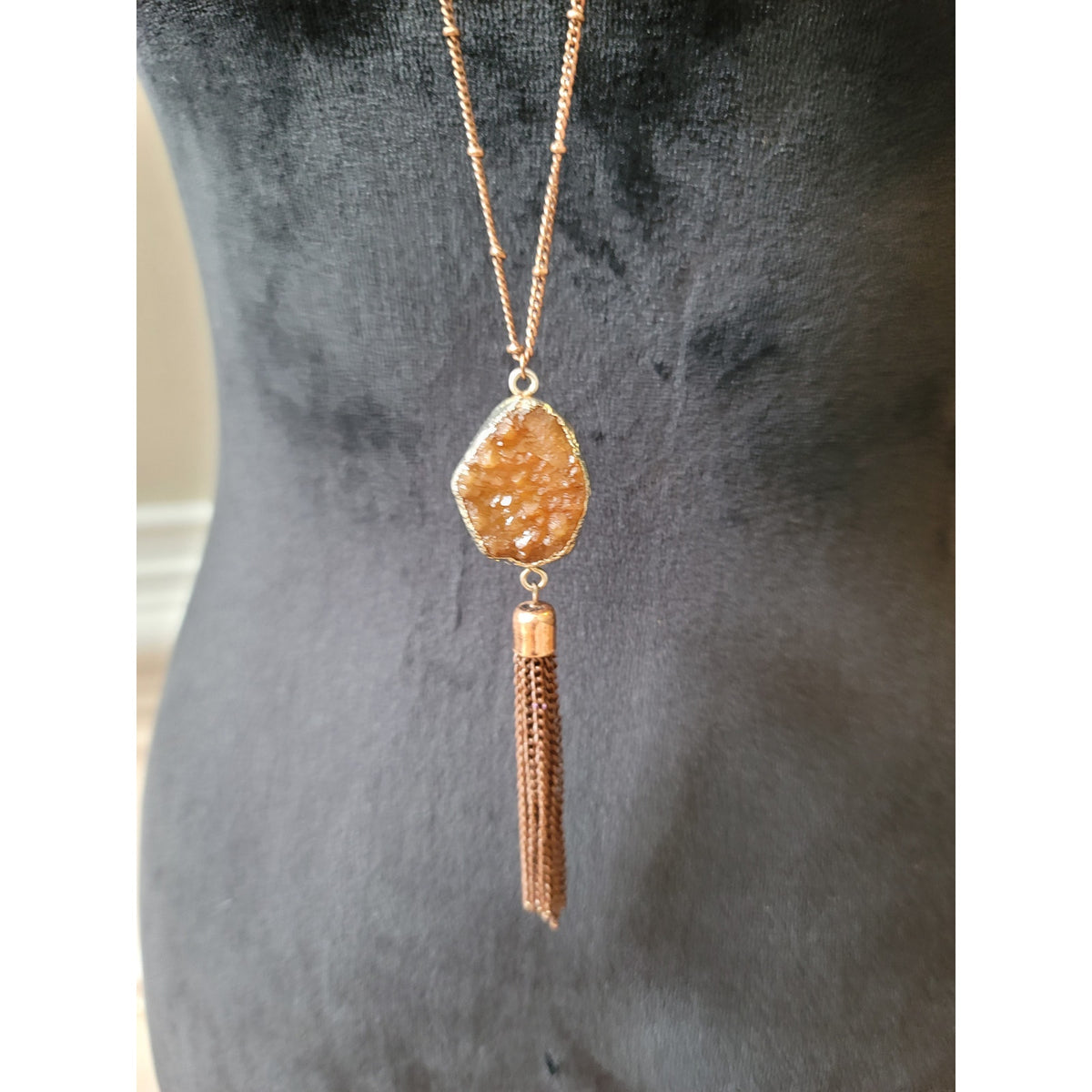 Women's Long Pendant Necklace With Lobster Clasp Brown Druzy Stone Tassel Chain