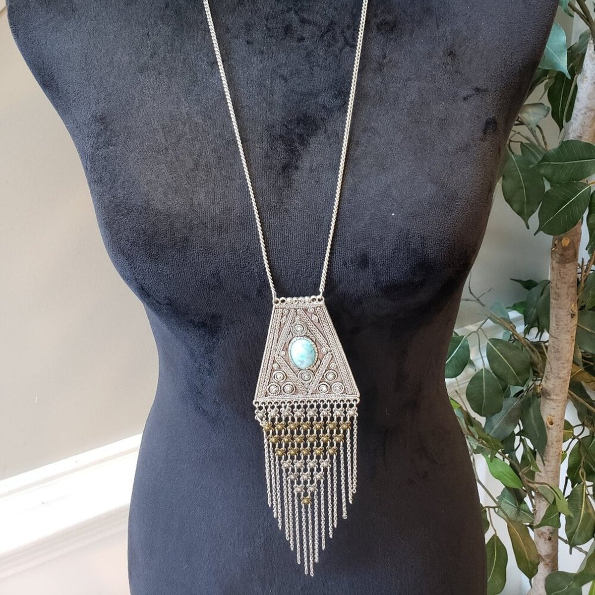 American Eagle Turquoise Silver Tone Pendant Tassel Necklace w/ Lobster Clasp
