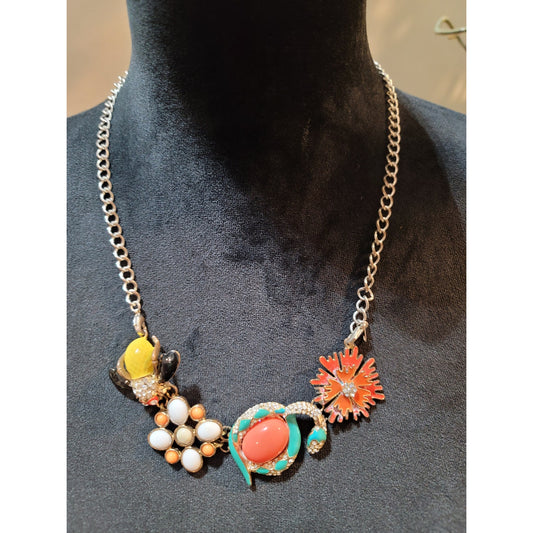 Disney Vibrant Bee and Coral Flower Necklace with Colorful Enamel and Gold