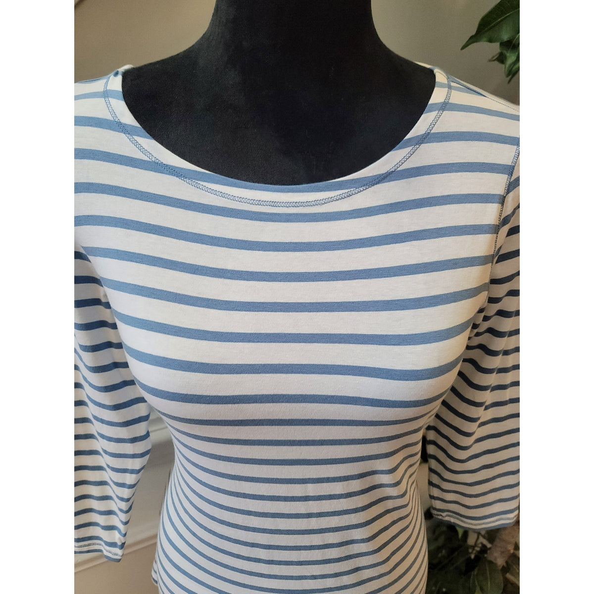 J. Jill Tunic Blouse MP White Blue Cotton Stretch Striped Scoop Neck 3/4 Sleeve