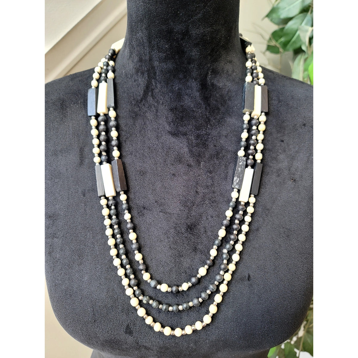 Black White Multi-Strand Beaded Necklace Geometric Layered Statement Boho
