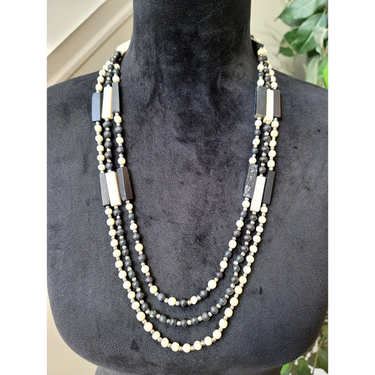 Black White Multi-Strand Beaded Necklace Geometric Layered Statement Boho