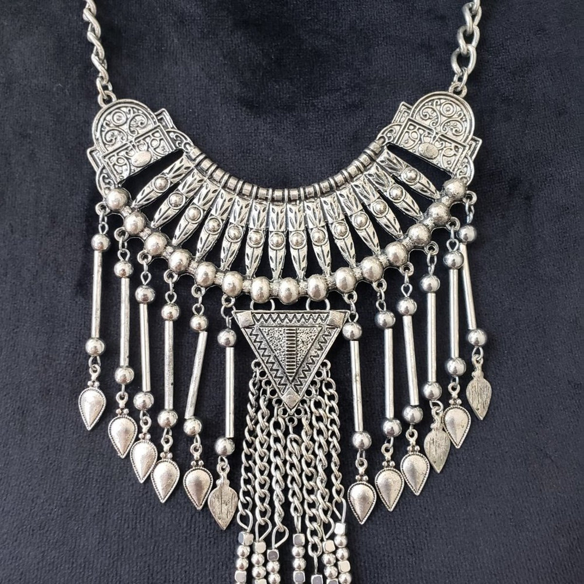 Women African Bohemian Style Antiqued Silver Tone Tassel Statement Bib Necklace