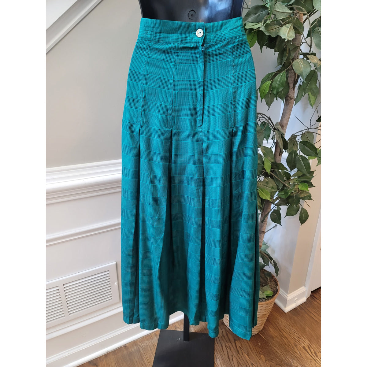Vintage Silk Club Skirt Suit Medium Teal Green Houndstooth Plaid  Blazer
