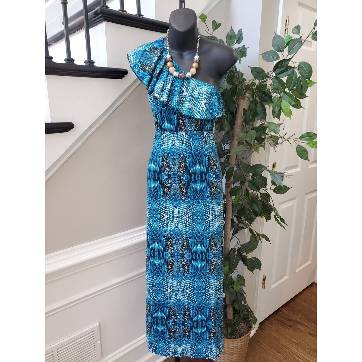 Mix & Co. Women's Blue Polyester One Shoulder Off Sleeveless Long Maxi Dress L