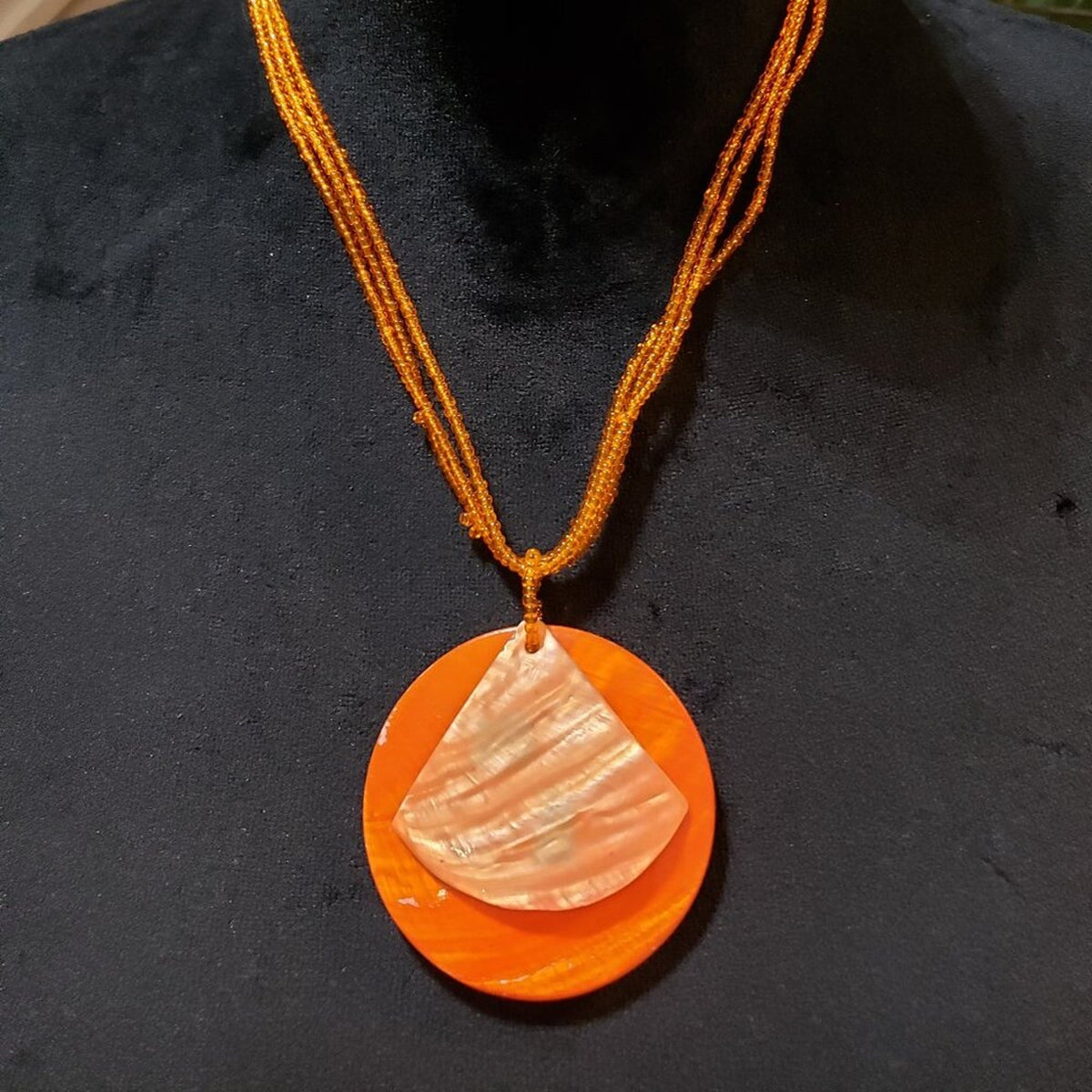 Vintage Beaded Orange Mother of Pearl Shell Round Pendant Necklace Lobster Clasp