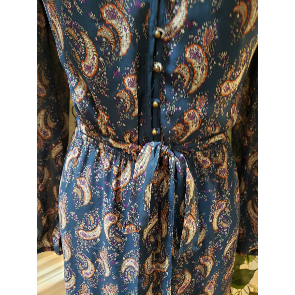 DR2 A Line Dress Women Navy Paisley Tie Waist Long Sleeve V Neck Button Front XS