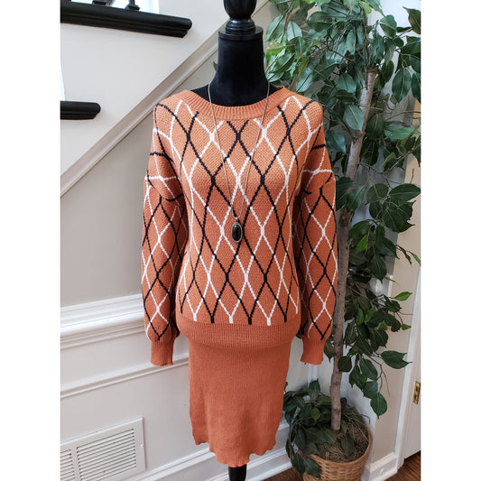 SHEIN Sweater Dress Women's Size 12 Orange Argyle Pattern Drop Shoulder Pullover